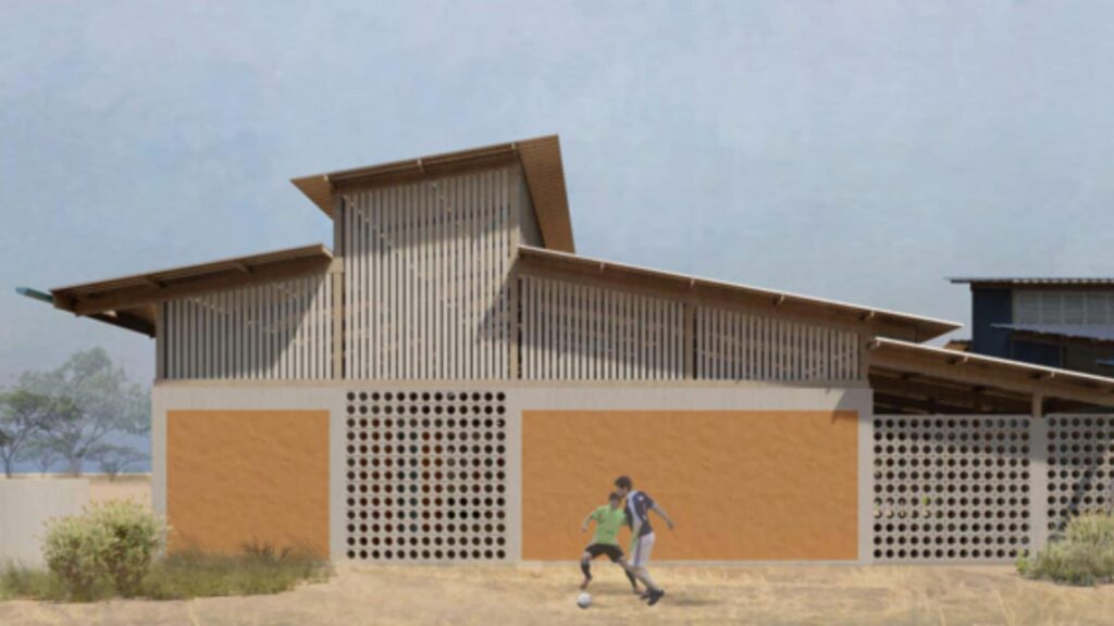Rendering of two children playing football at the back of the Ullo Clinic.