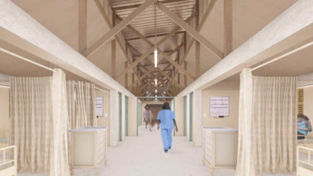 Rendering of a nurse walking down the main hall of the Ullo Clinic.
