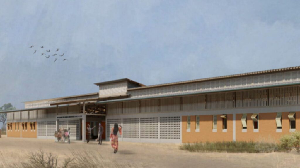 Rendering of people entering the Ullo Clinic's main entrance.