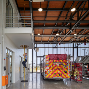 Interior view of a fire truck in the apparatus bay of the new Marion Fire Station headquarters.
