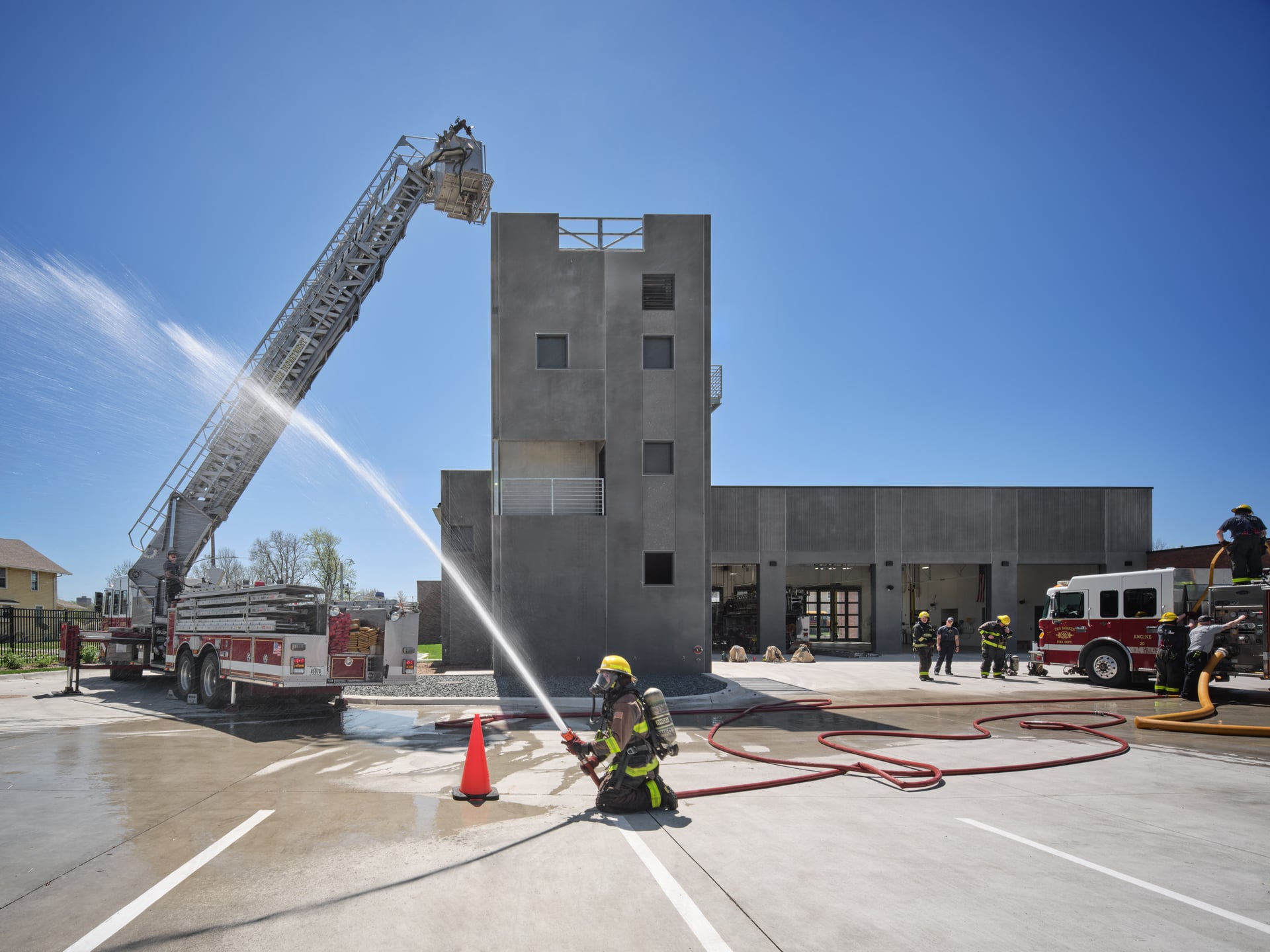 The 4-story tactical training tower in use at the Des Moines Fire Station No. 4.